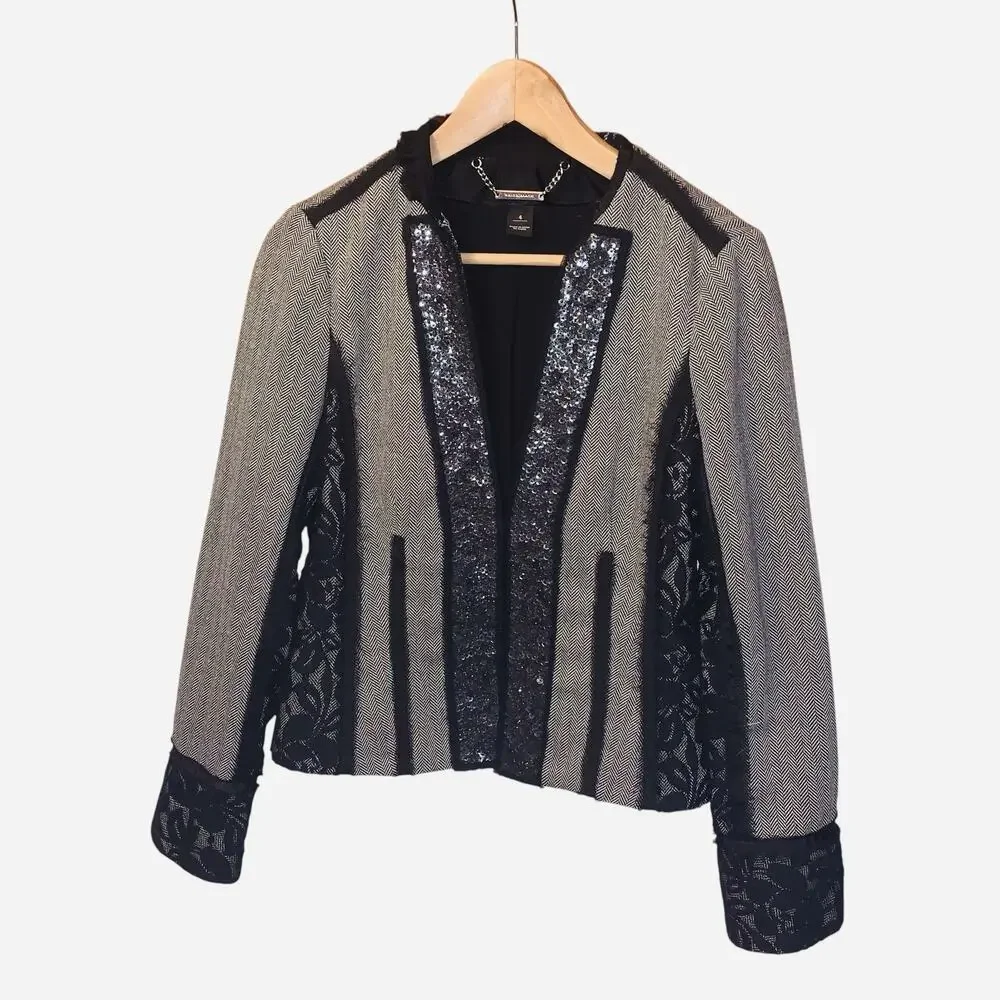 WHBM Women’s Herringbone Sequin Lace Blazer Jacket Size 4 EUC